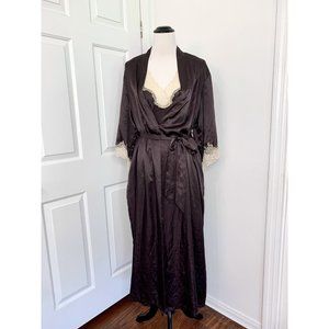 VTG Jones New York SM Brown Dressing Gown & Robe Long Maxi Satin Belted Lace